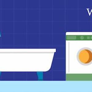 World Water Day March 22. Illustration of a sink, toilet, tub and washing machine. Water Sense logo: Meets EPA criteria
