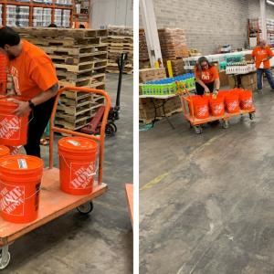 5 gallon buckets are shown being packed with cleaning supplies and masks.