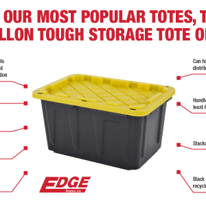 ONE OF OUR MOST POPULAR TOTES. THE HDX 27-GALLON TOUGH STORAGE TOTE OFFERS: Innovative tie-down.tie-down channels allow it to be easily strapped down for simple transportation. Lockable top.Weight capacity 75 Ibs. Industrial strength. Fits most hitch mounted cargo carriers. Edge tote shown in photo.