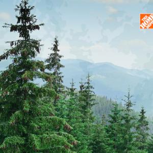Illustration of a forest with Home Depot logo and Earth Month.