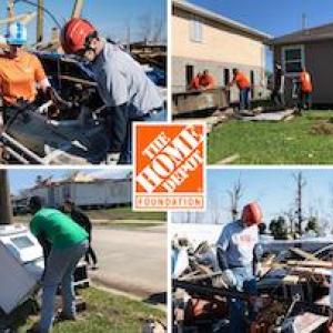 Photo montage of The Home Depot Foundation volunteers assisting in the clean up and rebuilding of homes damaged by natural disasters.