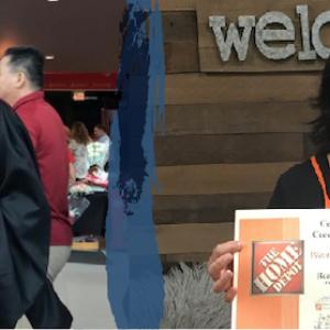 Azieda with her daughter and receiving a Home Depot award.
