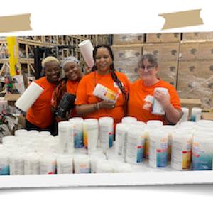 Photo montage of Home Depot team preparing kits.
