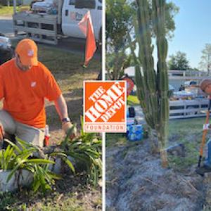 Photo montage of Home Depot volunteers performing gardening, painting, raking and planting.
