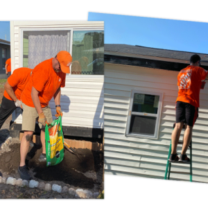 Photo montage of Home Depot volunteers repairing gutters, adding soil to the garden, painting and cleaning.