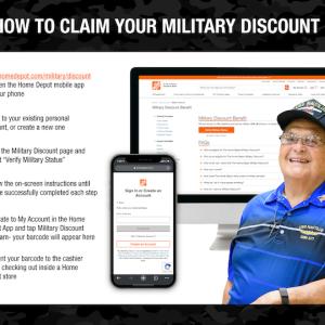 HOW TO CLAIM YOUR MILITARY DISCOUNT. Visit homedenot.com/military/discount or open the Home Depot mobile app on your phone. Login to your existing personal account, or create a new one. Go to the Military Discount page and select "Verify Military Status. Follow the on-screen instructions until you've successfully completed each step. ) Navigate to My Account in the Home Depot App and tap Military Discount Program- your barcode will appear here. 16 Present your barcode to the cashier when checking out inside