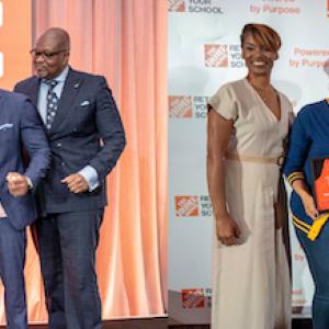 Retool your school awards shown. Group holding a check for $45,000 and a second group of award recipients. 