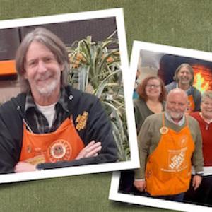 Photo montage of John Moody in the military and at Home Depot.
