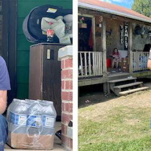 Home Depot volunteers shown helping with the flood cleanup.