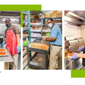 Collage of pictures: A person making pizzas, a person in a walk-in cooler collecting food, and a person in chef uniform taking food out of a fryer.