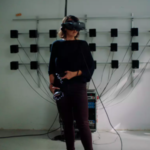 Suzanne Thorpe, postdoctoral fellow at Columbia University, testing VR that shows a room of historical music equipment that will be used for students learning experience.