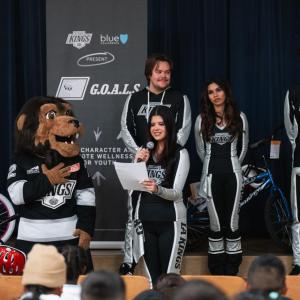 Members of the LA Kings Ice Crew and mascot Bailey greeted the students.