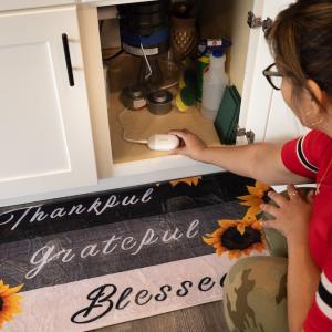 Home owner positioning water leak detector under kitchen sink