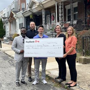 KeyBank presents a check in the amount of $10,000 to Habitat for Humanity Philadelphia. From left: Chiwuike Owunwanne, Corporate Responsibility Officer, KeyBank; Youseff Tannous, Market Retail Leader, KeyBank; Ian Eichen, Grants Manager, Habitat; Julie Vetack, Key@Work Relationship Manager, and Kathryn Fernandez, Chief Development Officer, Habitat.