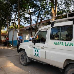 An ambulance enters a health facility in Haiti. The country is experiencing ongoing civil unrest, which complicates health delivery for patients. Direct Relief is supporting nine health facilities with cash support of $1 million total so they can maintain operations. (Courtesy photo)