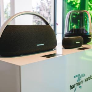 Harman Kardon portable speakers on display.