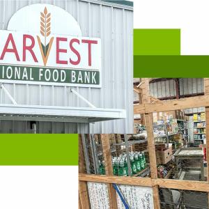 Collage of Harvest food bank and interior of stacked food products