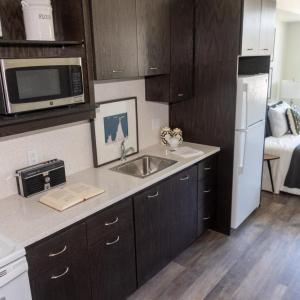 Individual studios have full kitchens and baths in addition to living space.