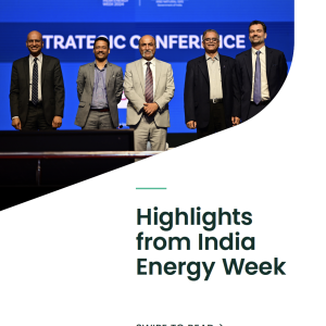 a group of people stood in a line on stage with the text "Highlights from India Energy Week"