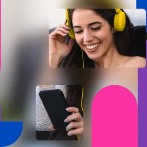 Young woman shown wearing headphones and looking at her phone.