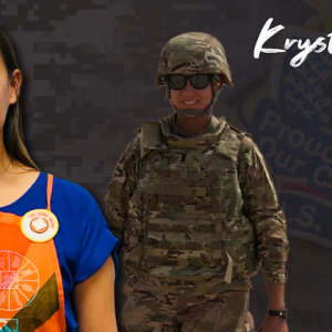 Photo os Krystal Mora in uniform and wearing orange apron.
