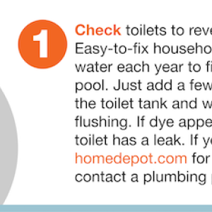Check toilets to reveal any silent leaks. Easy-to-fix household leaks can waste enough water each year to fill a backyard swimming pool. Just add a few drops of food coloring to the toilet tank and wait 10 minutes before flushing. If dye appears in the toilet bowl, your toilet has a leak. If you find a leak, visit homedepot.com for do-it-yourself repair tips or contact a plumbing professional.