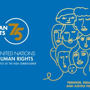 On a blue background "Human Rights 75" and outline sketches on different faces. 
