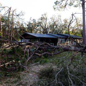 collage of several images of hurricane damage and of volunteers assisting