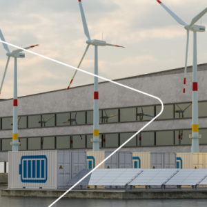 Exterior of a building with Hydrogen storage tanks and wind turbines surrounding it.