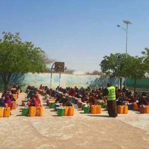 A hygiene kit distribution site. 
