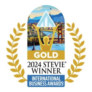 Award plaque reads, "GOLD 2024 STEVIE WINNER INTERNATIONAL BUSINESS AWARDS"