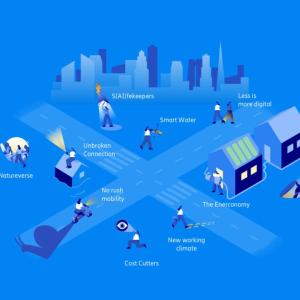 Info graphic showing an abstract crossroads and symbols of different consumer concerns all around them and homes and a city skyline.