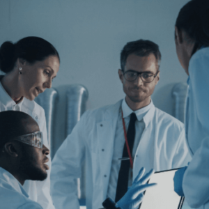 HARMAN Intelligent Health Care. Group of female and male doctors shown.