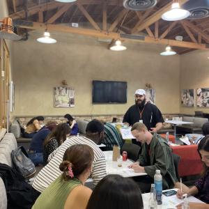 Group of people making art