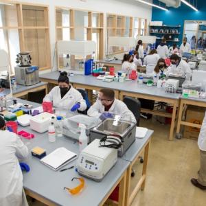 Gloucester Biotechnology Academy volunteer and retired biotechnology professional, Joseph Rosa, PhD, supervises students in the new biomanufacturing learning environment, built in 2021.