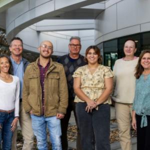 From left to right: Dr. Jennifer Johnston, CEO and co-founder; Michael Hanley, board member and co-founder; Cole Hautamaki, technician; Dr. Ron Mandel, professor at the University of Florida and consultant to NysnoBio; Victoria Rodriguez, technician; Dr. Elizabeth Higgins, chief technical officer; Amy Poirier, director of pre-clinical lab operations. 
