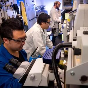 UC San Diego graduate students Yoon Lee, Nathan Chang, and Evan Tjeerdema work in the new Illumina Laboratory in Hubbs Hall on the Scripps Institution of Oceanography campus.(Courtesy of Erik Jepsen/UC San Diego)