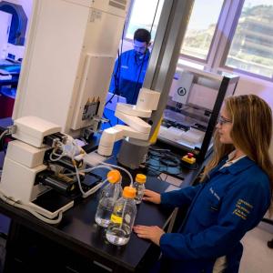 In the Illumina Lab in Scholander Hall, PhD student Kayla Wilson operates a new bulk reagent dispenser, which can rapidly fill well plates with two different liquids. Postdoctoral scholar Timothy Fallon programs a liquid handling robot.