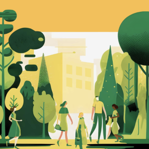 Illustration of 4 people walking through a forest