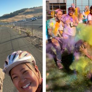 Christopher Reyes montage: bike trip and being covered in colored powder.
