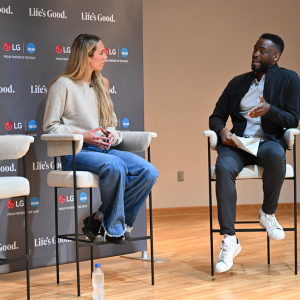 Johnny Milabu of LG Electronics moderates a discussion about mental health with WNBA player Lexie Hull Friday, April 3, 2026, in Indianapolis, Indiana.