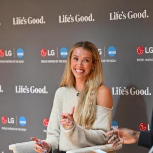 WNBA player Lexie Hull answers questions about maintaining good mental health during a discussion hosted by LG Electronics and the National Alliance on Mental Illness (NAMI) on Friday, April 3, 2026, in Indianapolis, Indiana.