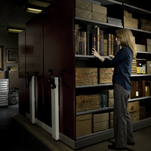Jacqui Seargeant in the DEWAR'S Scotch whisky archives in Glasgow, Scotland