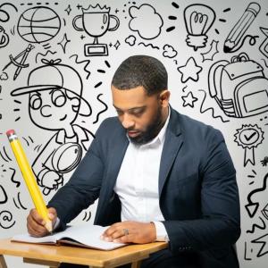 Jalen Roddey sat at a wooden desk, holding a large pencil drawing in a book. With a black and white sketch background behind them