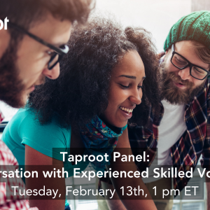 A group of smiling people are clustered around a table. A text overlay promotes a Taproot Foundation panel led by experienced skilled volunteers.
