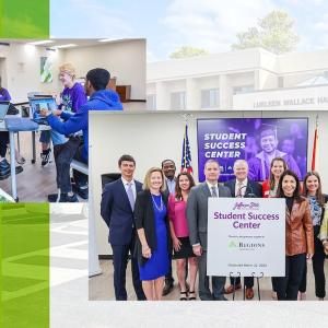 collage of two photos. Students with open laptops at a desk sitting across from each other. On the right a group of people standing behind a sign "Student Success Center".