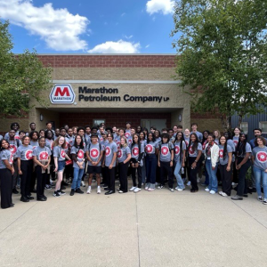 Group of students outside Marathon Petroleum facility