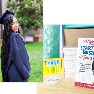 Jordyn Wright in graduation robe, and on the right a close up of her book.