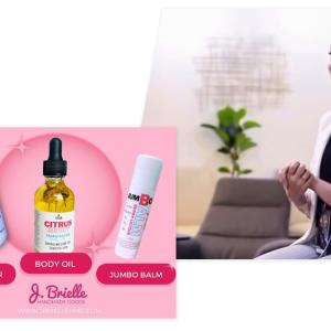 Jordyn Wright on the right, and on the left three of her beauty products.