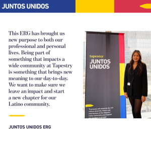 Person standing by a banner for the Tapestry Juntos Unidos ERG.